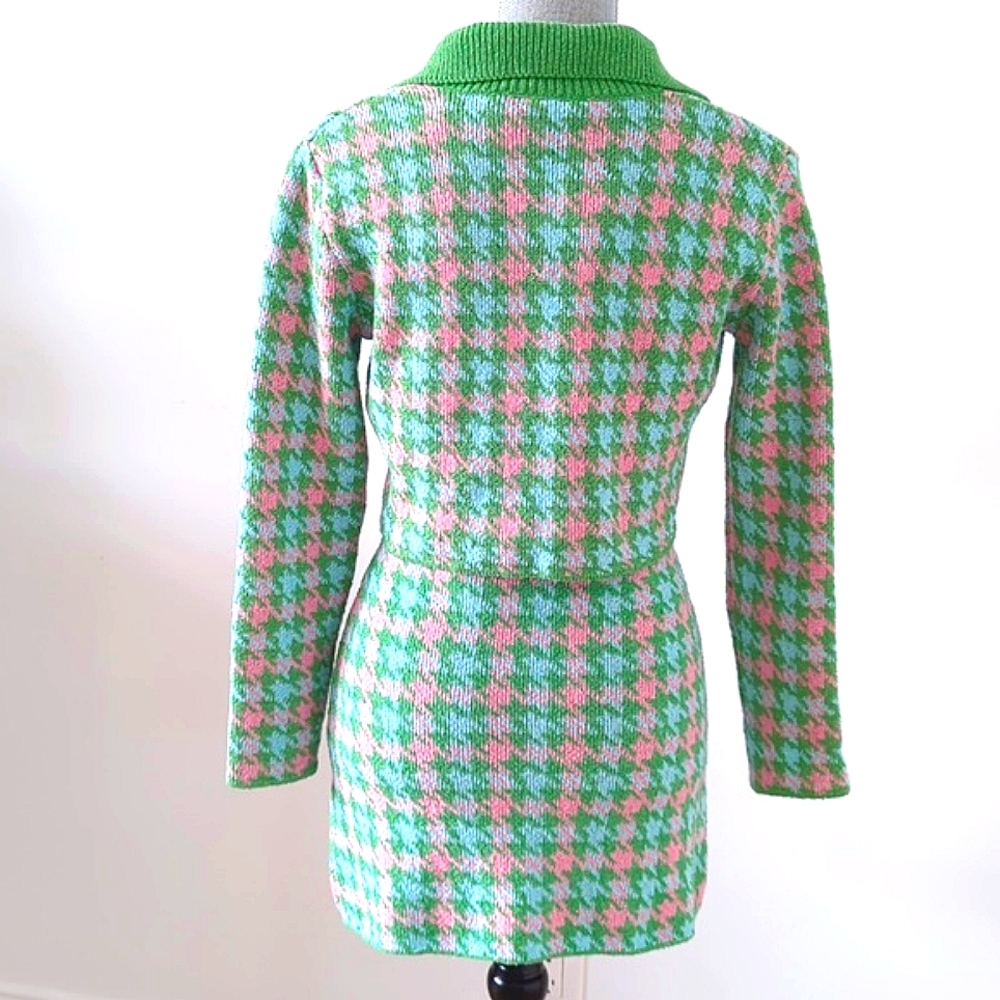ZARA Houndstooth Knit Crop Cardigan & Skirt Set 2 pc S pink green mini skirt - Picture 5 of 13